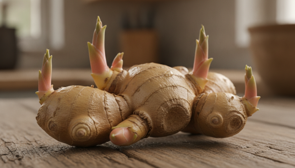 A close-up of a fresh plump ginger rhizome with visible eyes or sprouts beginning to emerge ready for planting