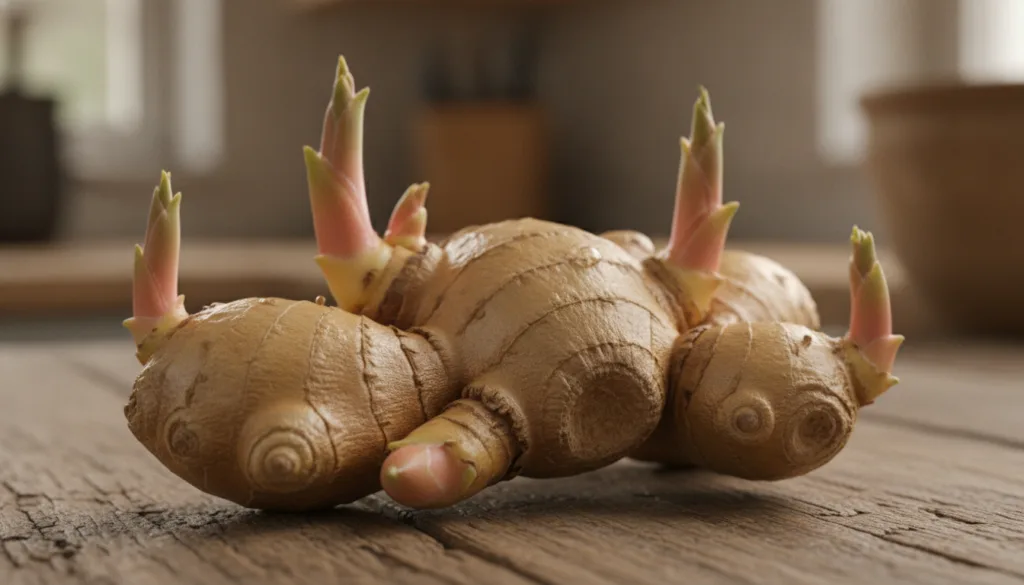 A close-up of a fresh plump ginger rhizome with visible eyes or sprouts beginning to emerge ready for planting