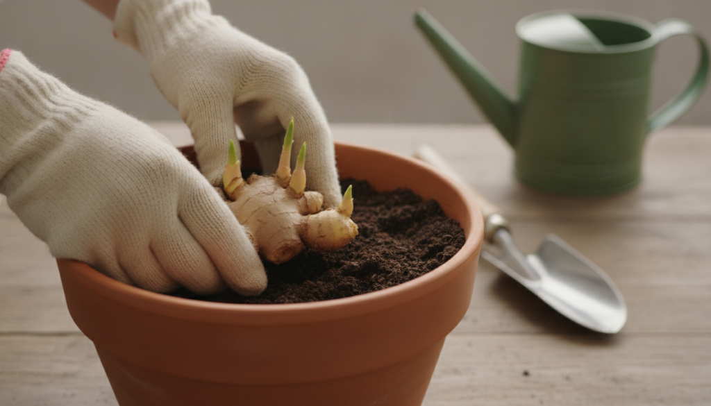 Hands gently placing ginger rhizomes into a wide pot filled with potting mix with other gardening tools nearby