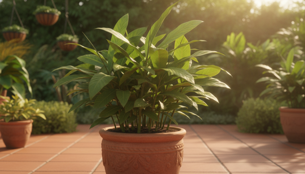 A healthy lush ginger plant growing in a container with vibrant green leaves in a bright garden or indoor setting