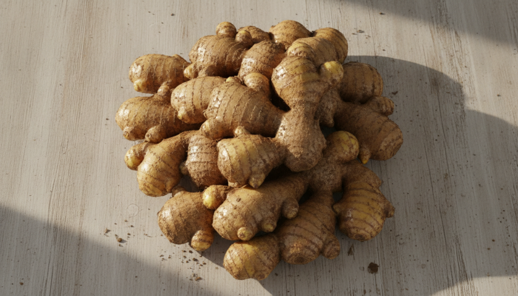 Freshly harvested ginger roots laid out on a clean surface showing their earthy texture and golden color