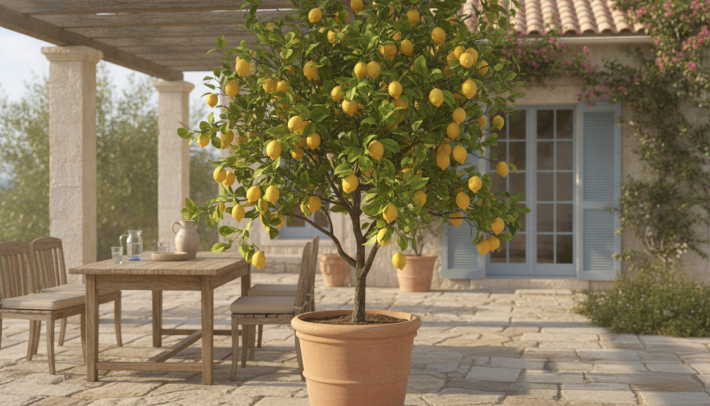 A vibrant potted lemon tree laden with ripe yellow lemons set on a sunny patio with soft natural light