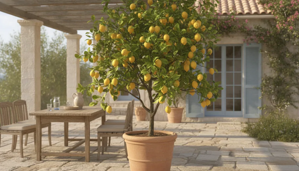 A vibrant potted lemon tree laden with ripe yellow lemons set on a sunny patio with soft natural light
