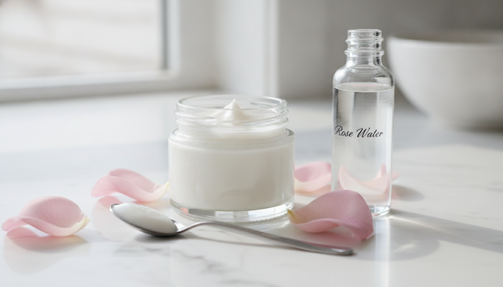 A beautiful small glass jar of homemade face cream made with Vaseline and rose water next to fresh rose petals and a sma