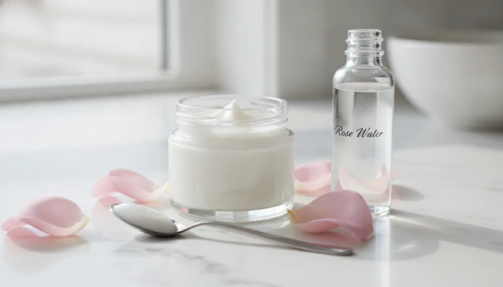 A beautiful small glass jar of homemade face cream made with Vaseline and rose water next to fresh rose petals and a sma