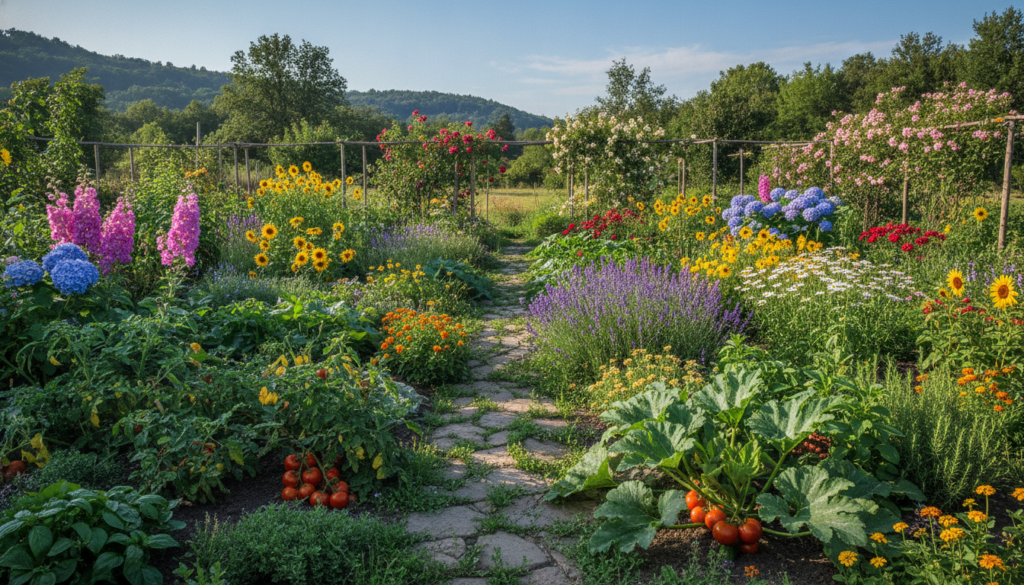 A vibrant healthy garden with lush green plants colorful flowers and ripe vegetables showcasing the benefits of good soi