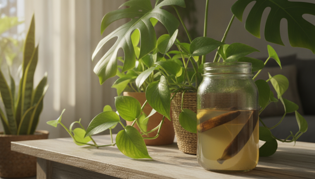 A close-up shot of vibrant green houseplants with a glass jar of banana peel water placed nearby on a wooden table sugge