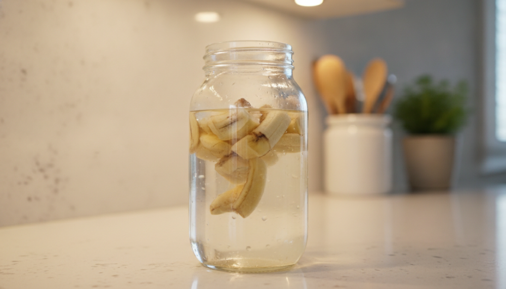 A step-by-step visual of chopped banana peels in a glass jar with water illustrating the process of making banana peel f