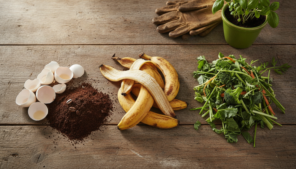 A variety of kitchen scraps suitable for gardening such as banana peels eggshells coffee grounds and vegetable scraps ar