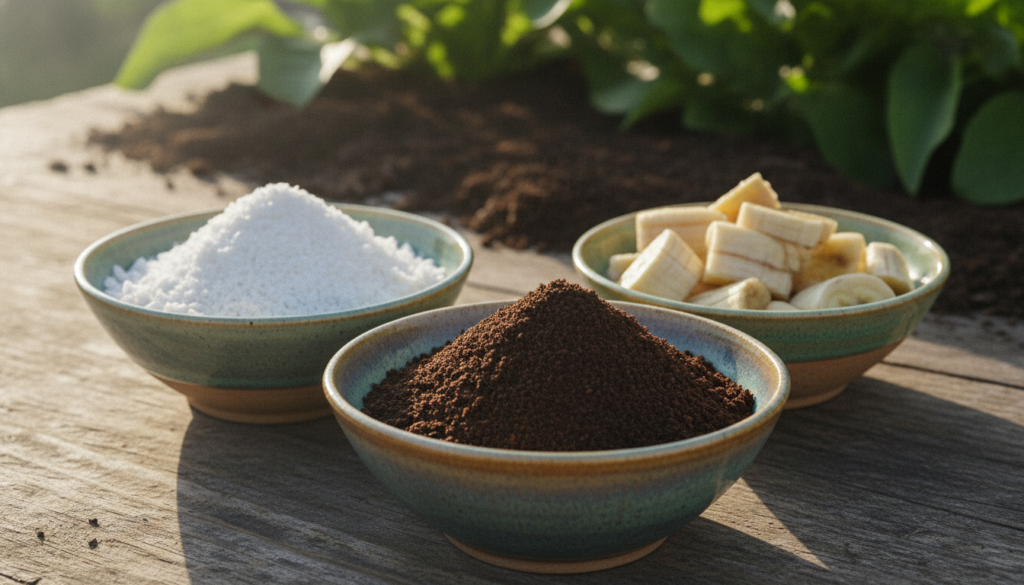 A trio of small bowls containing finely crushed eggshells used coffee grounds and chopped banana peels showcasing differ
