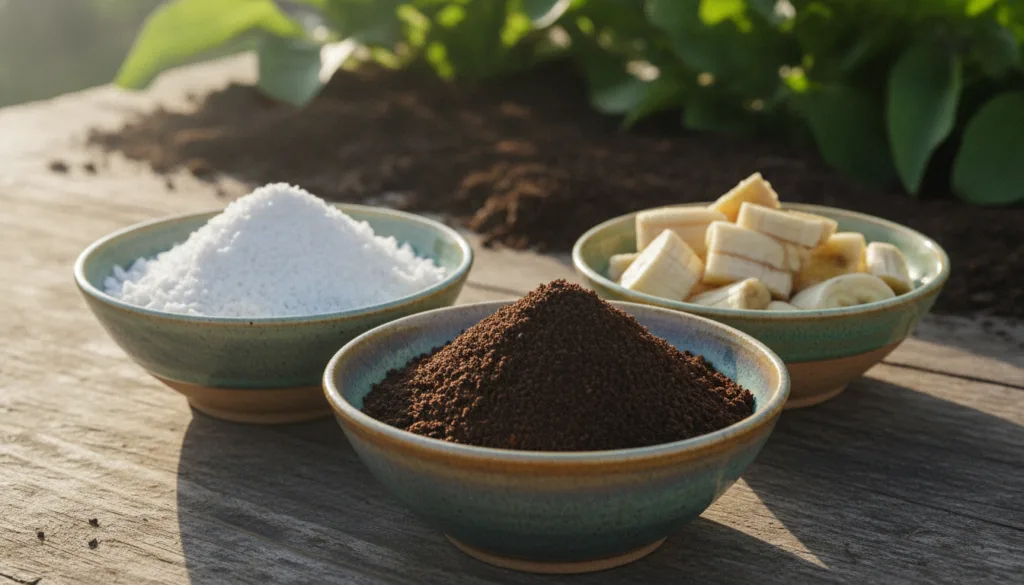 A trio of small bowls containing finely crushed eggshells used coffee grounds and chopped banana peels showcasing differ