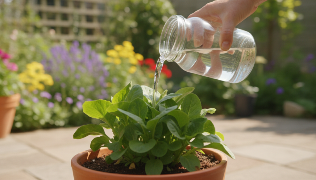 A person carefully pouring cooled unsalted vegetable cooking water into the soil of a potted plant with lush green folia