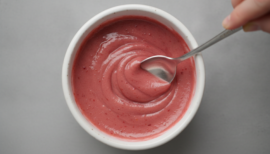 A close-up of a small white bowl with a pinkish-red paste being mixed with a spoon showing the thick smooth consistency