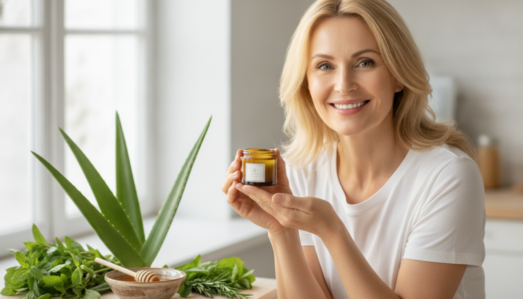 A woman of around 50 with radiant glowing skin smiling warmly holding a small jar of homemade natural cream mix with fre
