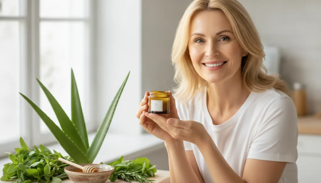 A woman of around 50 with radiant glowing skin smiling warmly holding a small jar of homemade natural cream mix with fre