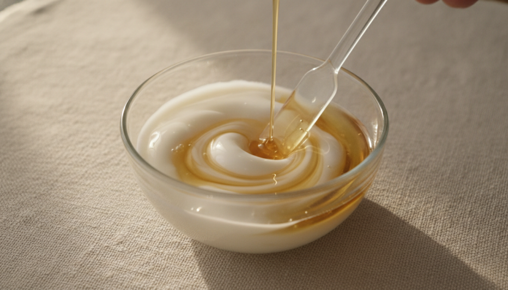 A small clear glass bowl with a creamy white substance Vaseline and a golden liquid sweet almond oil being gently stirre