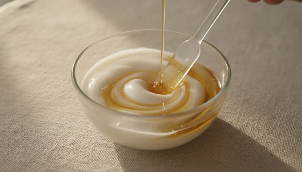 A small clear glass bowl with a creamy white substance Vaseline and a golden liquid sweet almond oil being gently stirre