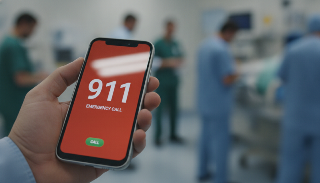 A person s hand holding a smartphone dialing 911 with a blurred background showing a medical emergency in progress empha