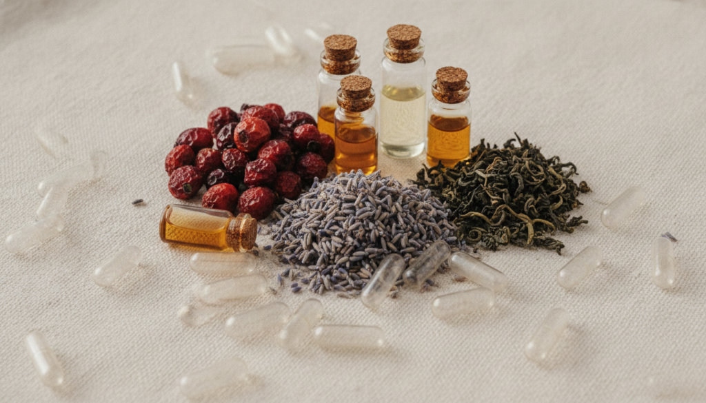 A close-up of various natural botanical ingredients such as rosehips dried lavender green tea leaves and small vials of
