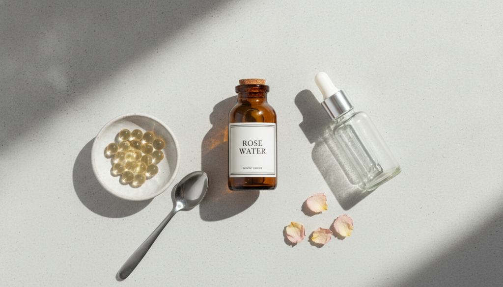 Ingredients for a DIY rose water and capsule serum laid out on a clean light surface Show a bottle of rose water a small