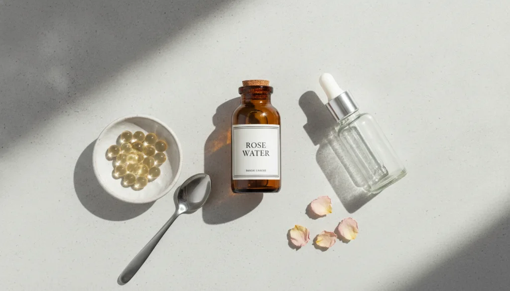 Ingredients for a DIY rose water and capsule serum laid out on a clean light surface Show a bottle of rose water a small