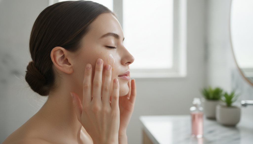 A person gently applying the homemade rose water and vitamin E serum to their face showcasing radiant glass skin The foc