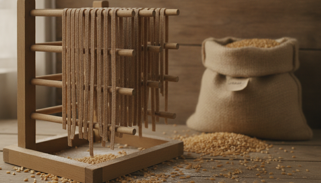 Darker rustic whole wheat pasta strands drying on a rack with a bag of whole wheat flour and wheat grains in the backgro