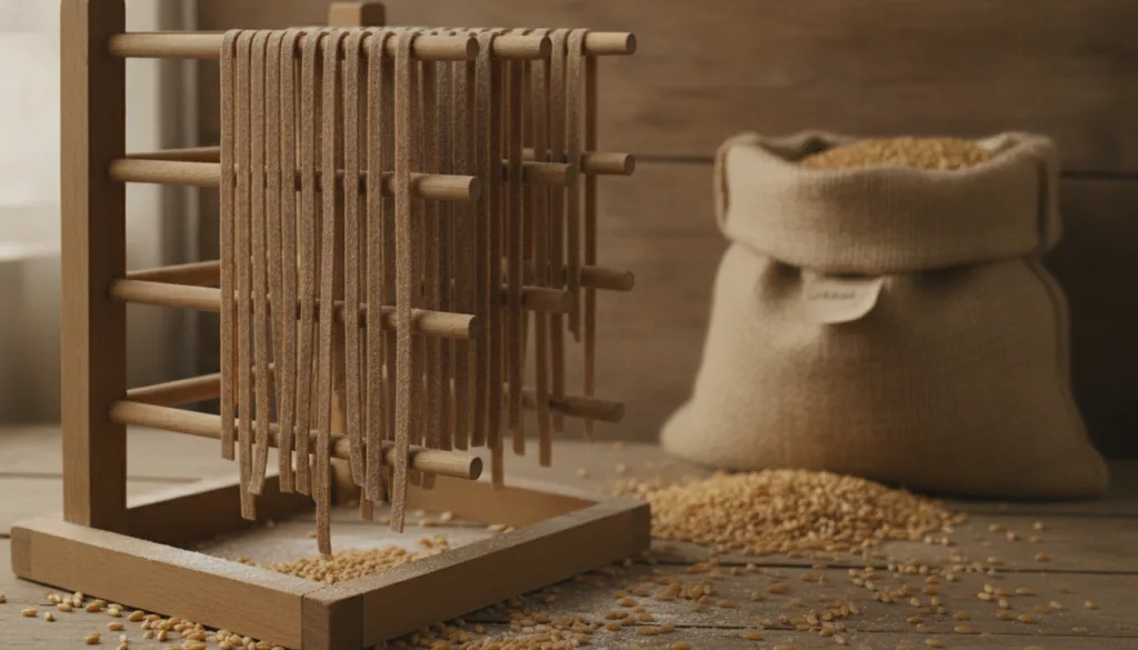 Darker rustic whole wheat pasta strands drying on a rack with a bag of whole wheat flour and wheat grains in the backgro