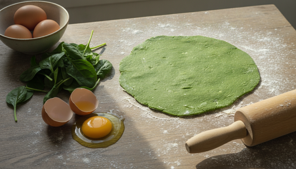 Vibrant green spinach pasta dough partially rolled out with a small pile of fresh spinach leaves and a few eggs in the b