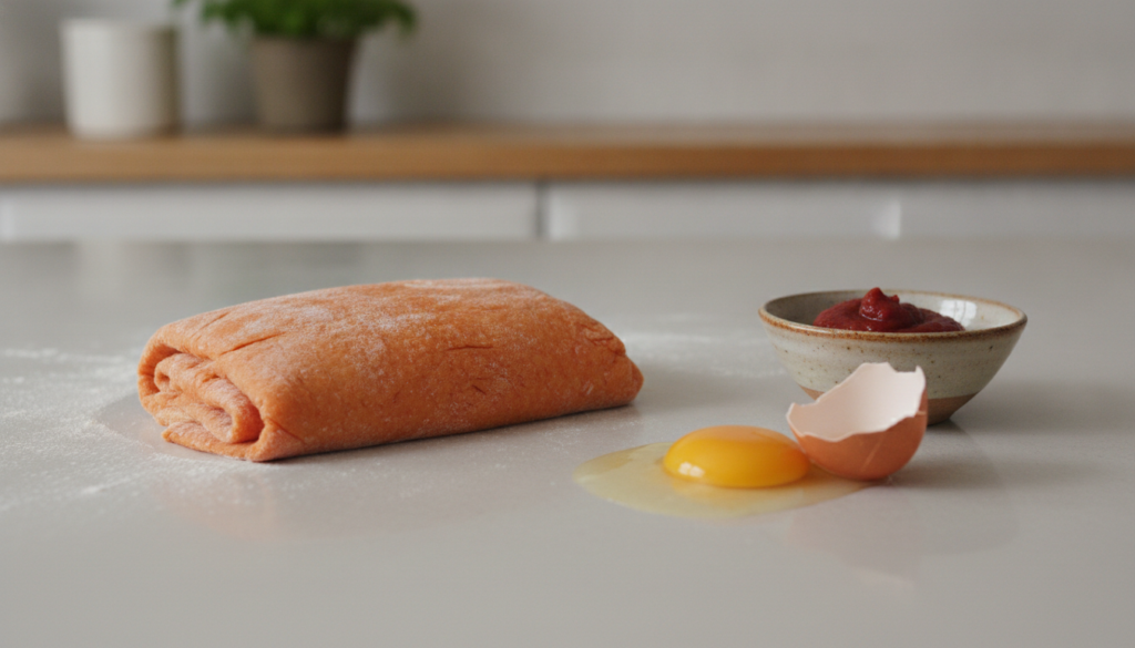 Bright orange-red tomato pasta dough neatly folded next to a bowl of tomato paste and a cracked egg