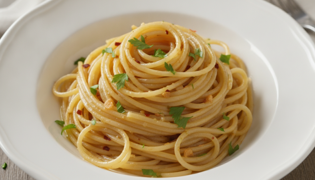 A serving of spaghetti aglio e olio glistening with olive oil garlic and red pepper flakes garnished with fresh parsley 
