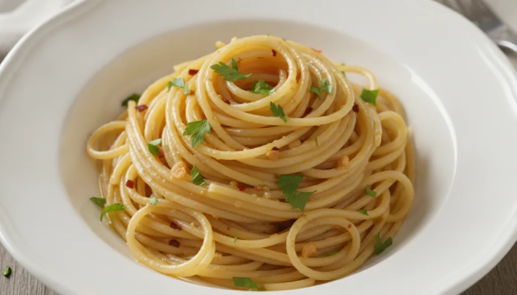 A serving of spaghetti aglio e olio glistening with olive oil garlic and red pepper flakes garnished with fresh parsley