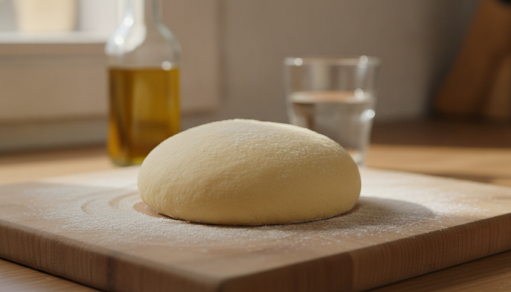 Smooth pale yellow eggless pasta dough ready to be rolled beside a bottle of olive oil and a glass of water