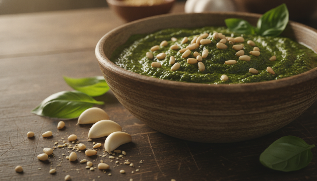 A bowl of vibrant green fresh basil pesto with pine nuts garlic and fresh basil leaves scattered around on a dark surfac