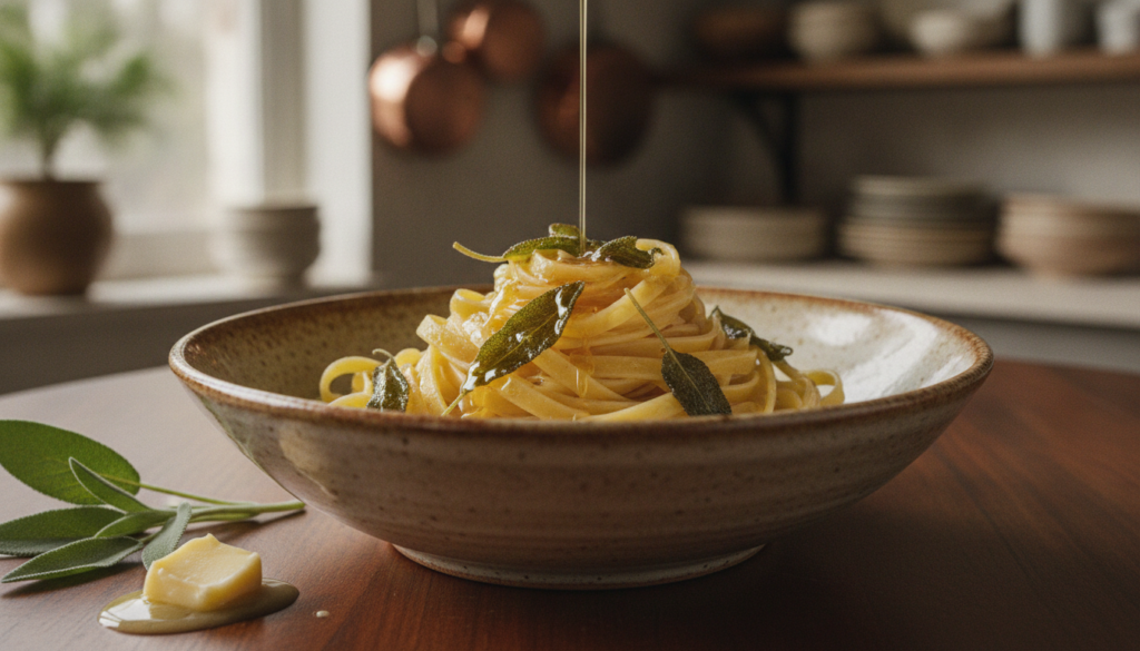 Golden-brown butter sage sauce drizzled over fresh pasta garnished with crisp sage leaves in a elegant ceramic bowl