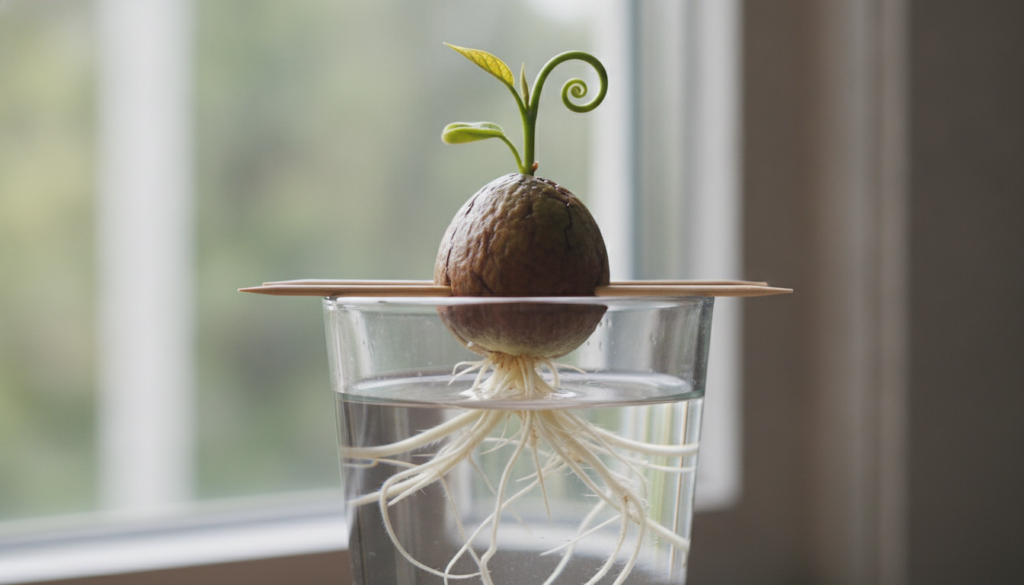 Avocado pit suspended over a glass of water with toothpicks showing roots emerging from the bottom and a sprout from the