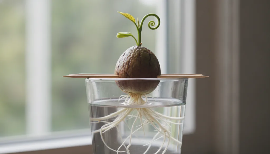 Avocado pit suspended over a glass of water with toothpicks showing roots emerging from the bottom and a sprout from the