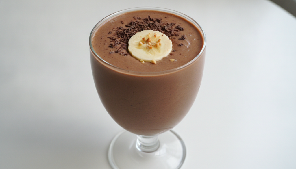 A rich brown chocolate peanut butter smoothie in a clear glass garnished with chocolate shavings and a small banana slic