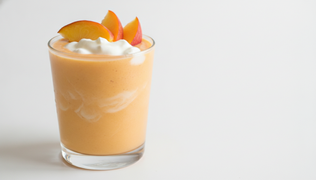 A creamy orange peaches and cream smoothie in a clear glass garnished with fresh peach slices and a dollop of white crea