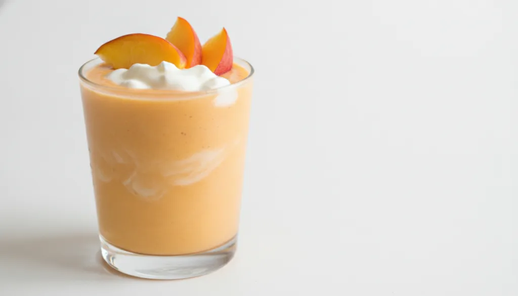 A creamy orange peaches and cream smoothie in a clear glass garnished with fresh peach slices and a dollop of white crea