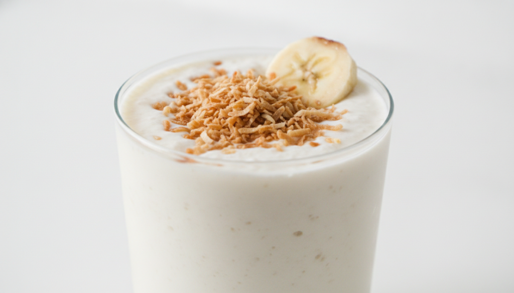 A creamy white coconut cream pie smoothie in a clear glass garnished with toasted coconut flakes and possibly a banana s