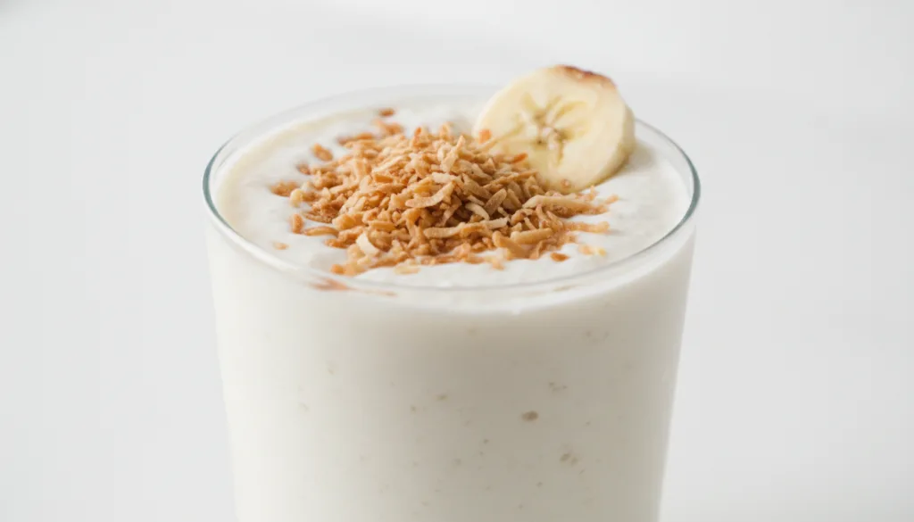 A creamy white coconut cream pie smoothie in a clear glass garnished with toasted coconut flakes and possibly a banana s