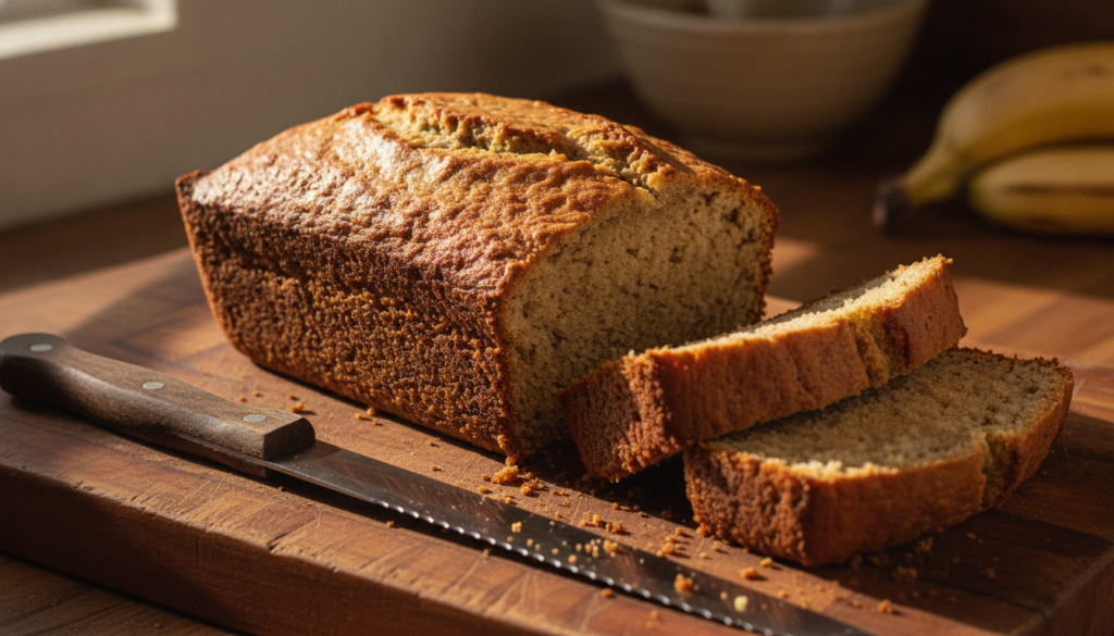 A whole loaf of classic banana bread on a cutting board with a few slices cut and ready to serve