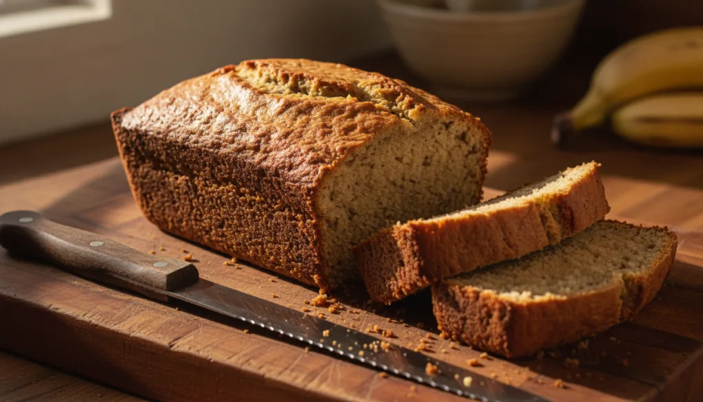 A whole loaf of classic banana bread on a cutting board with a few slices cut and ready to serve