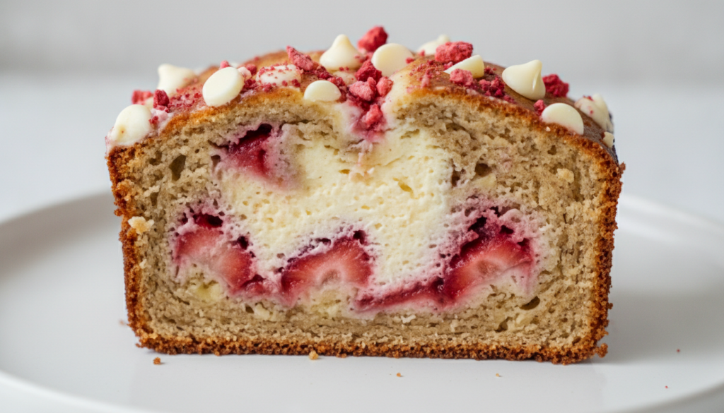 A slice of strawberry cheesecake banana bread on a white plate showing the cream cheese swirl and bits of strawberry ins