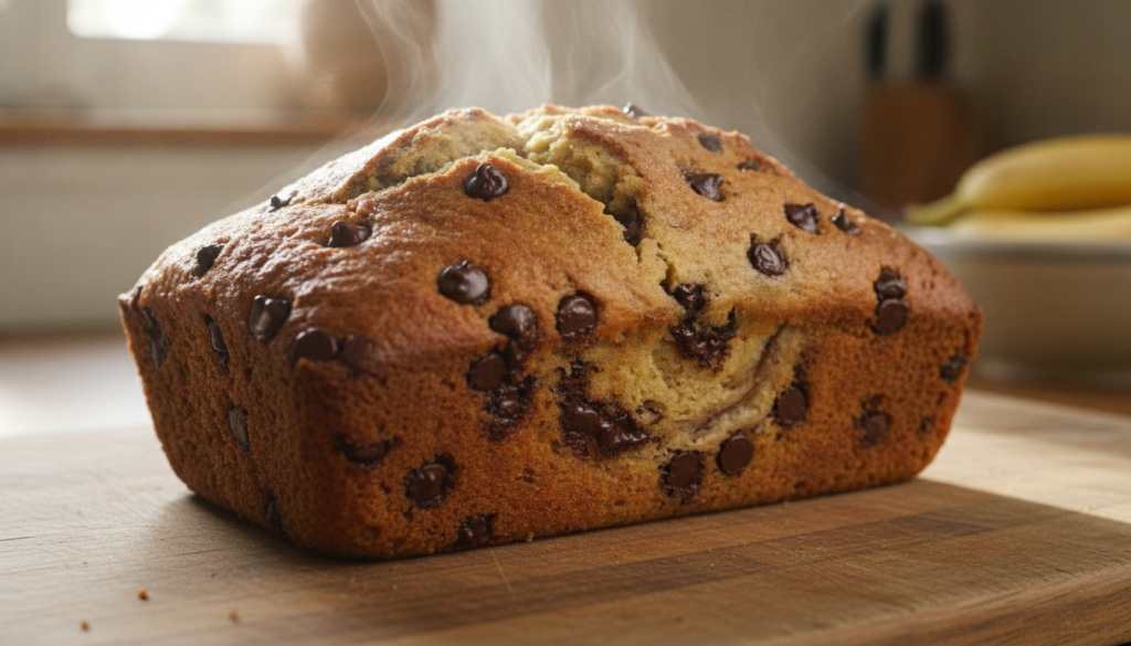 A golden-brown loaf of chocolate chip banana bread on a rustic surface with visible chocolate chips baked into the crust