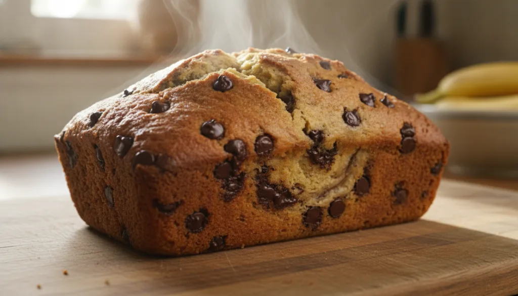 A golden-brown loaf of chocolate chip banana bread on a rustic surface with visible chocolate chips baked into the crust