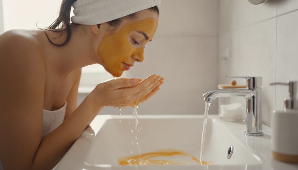 A woman gently rinsing a yellow face mask from her face over a sink