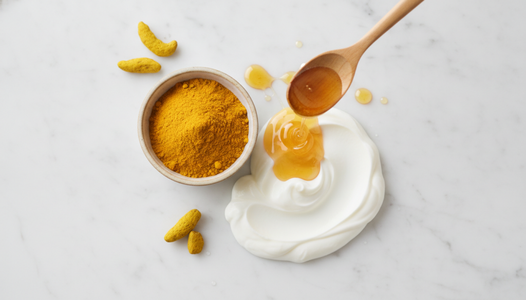 Ingredients for a DIY face mask a small bowl of turmeric powder a spoon with honey and a container of plain yogurt