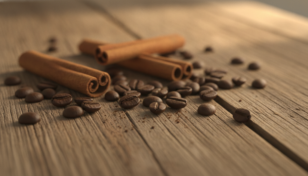 Close-up of fresh coffee beans and cinnamon sticks on a rustic wooden background illustrating the natural ingredients
